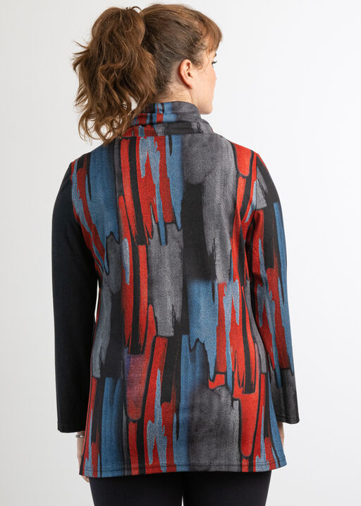Red Abstract Multi-Colored With Front Slanted Buttons Asymmetrical-Hem Cowl Wrap Shirt , Red, original